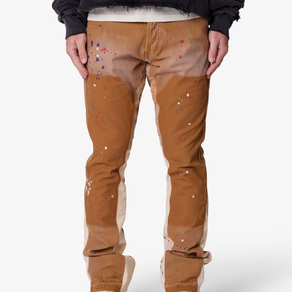 MNML B243 Brown Paint Splatter Flare Denim Pants